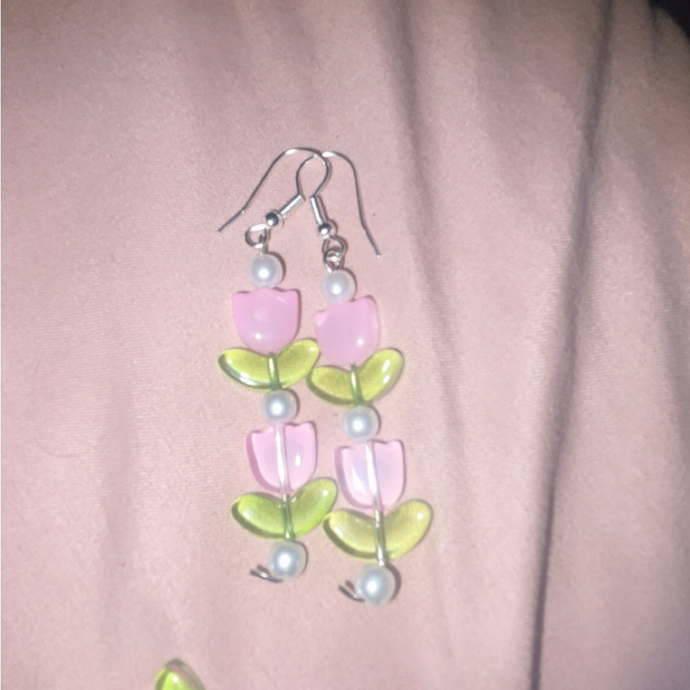 Pink and Green Floral Earrings and bracelet